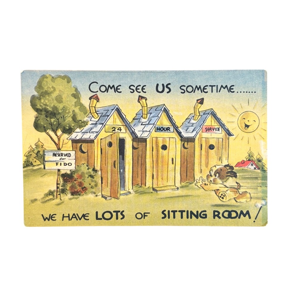 Vintage 1950s Comic Postcard Metrocraft Multi-Color Humorous Outhouse Retro‎